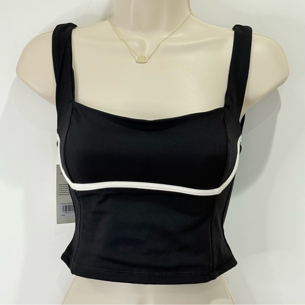 SOLD Monday Body Zion Tank Top Black Ivory Piping Medium Cropped Yoga Workout - Picture 5 of 13